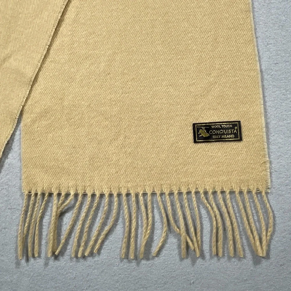Conquista Scarf Women Wool Touch Fringed Edge Tan Beige Italy Minimalist